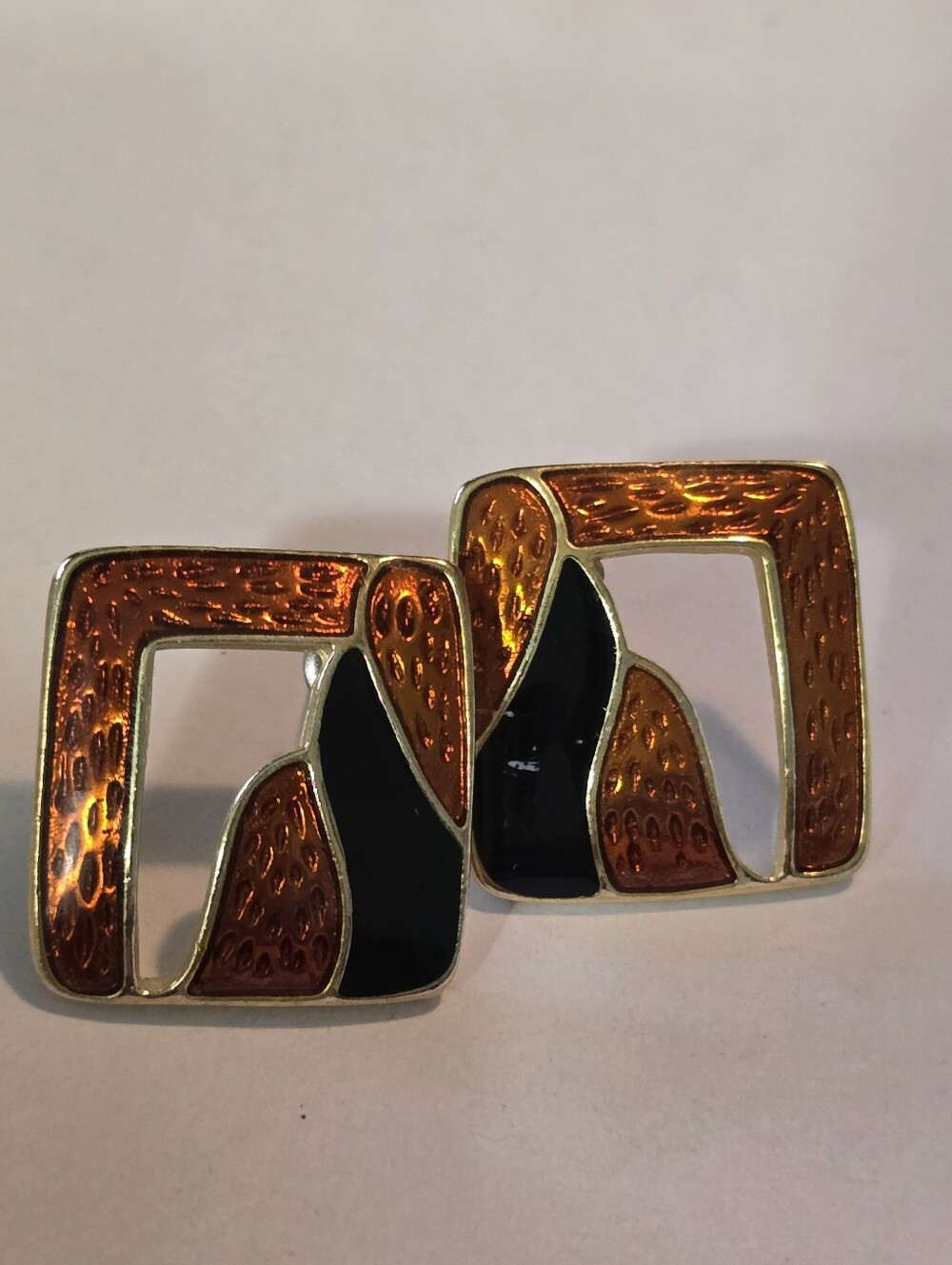 Gold Tone Cut Out Square Abstract Design Enamel Painted Earrings